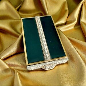 1930s Art Deco Black Enamel Rhinestone Compact Balcano Makeup Case Rouge Luxury